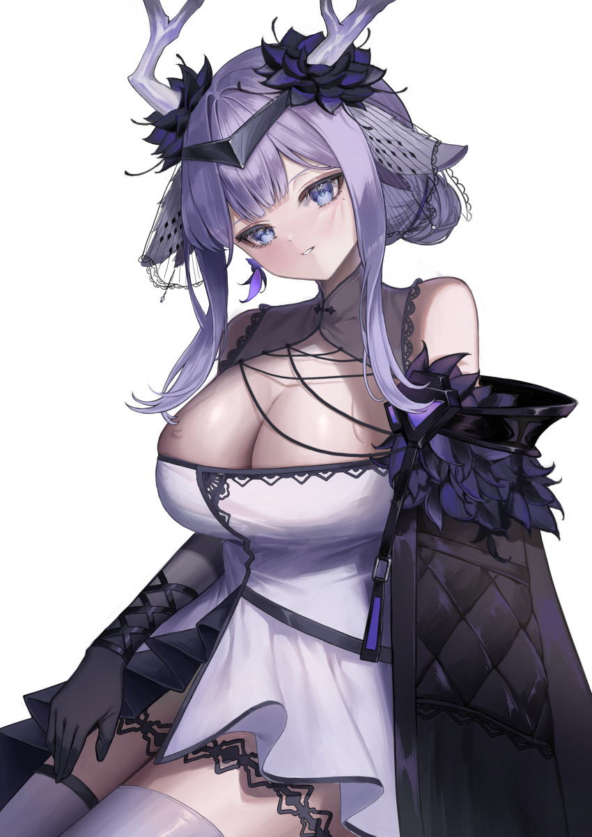 1girl, absurdres, animal_ears, antlers, black_flower, black_gloves, blue_eyes, breasts