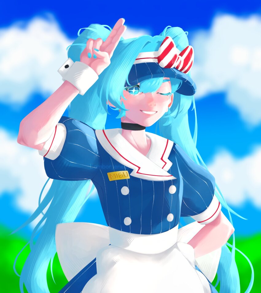 1girl, alternate_costume, apron, aqua_eyes, aqua_hair, aqua_nails, back_bow, black_choker