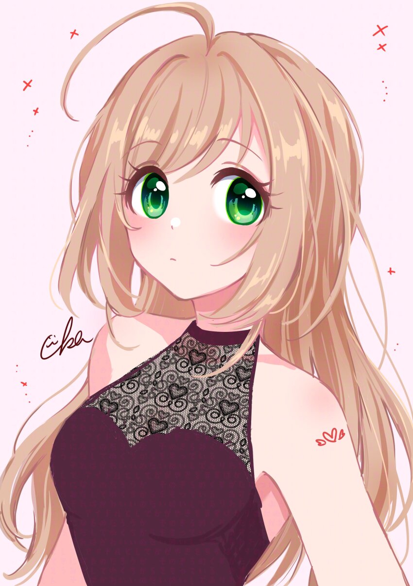 1girl, absurdres, ahoge, blush, breasts, brown_hair, chiaki1126iove, cleavage