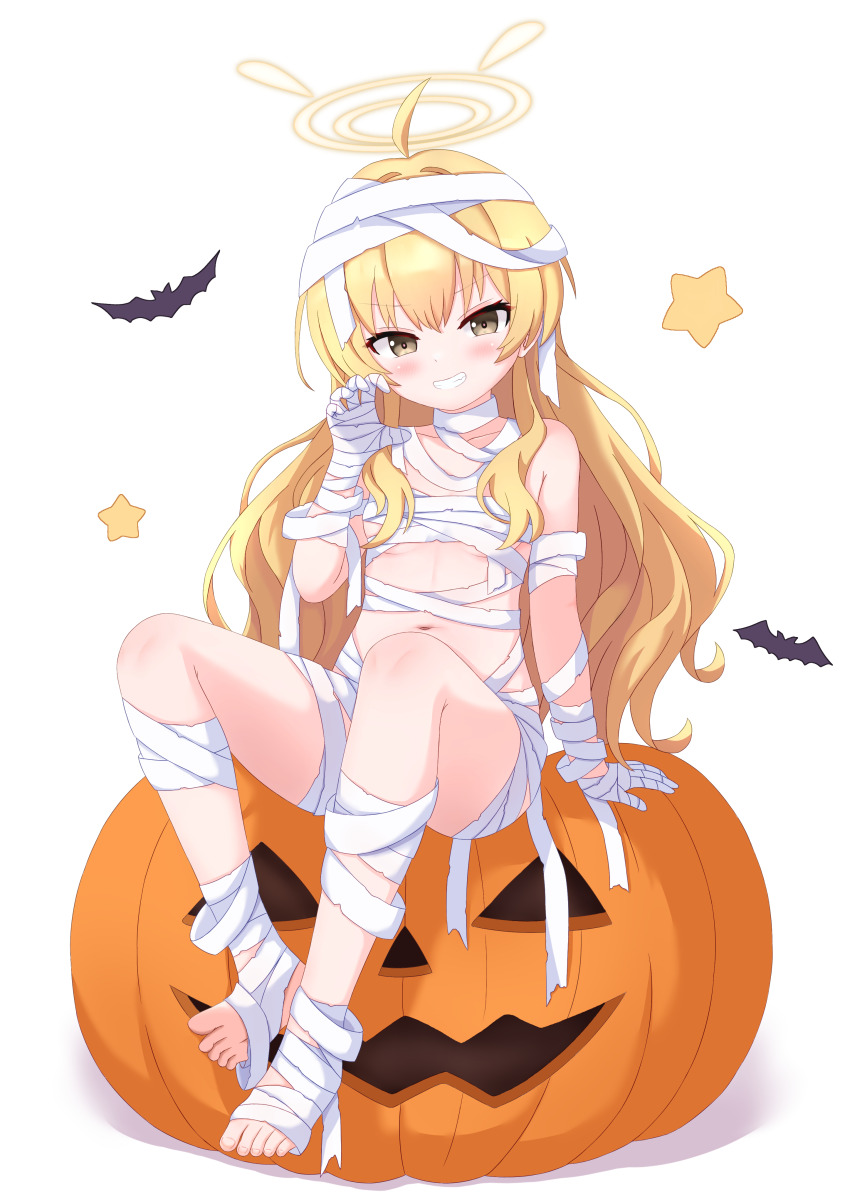 1girl, absurdres, ahoge, bandage_on_hair, bandaged_arm, bandaged_chest, bandaged_hand, bandaged_head, bandaged_leg, bandages, barefoot, blonde_hair, blue_archive, blush, breasts, brown_eyes, candy, chinese_commentary, collarbone, food, full_body, grin, halloween, halloween_costume, halo, highres, jack-o'-lantern, loli, long_hair, looking_at_viewer, mummy, mummy_costume, naked_bandage, navel, official_alternate_costume, on_pumpkin, pumpkin, simple_background, sitting, small_breasts, smile, solo, urotsuki_(uro30), white_background, yellow_halo, yoshimi_(blue_archive), yoshimi_(halloween)_(blue_archive)