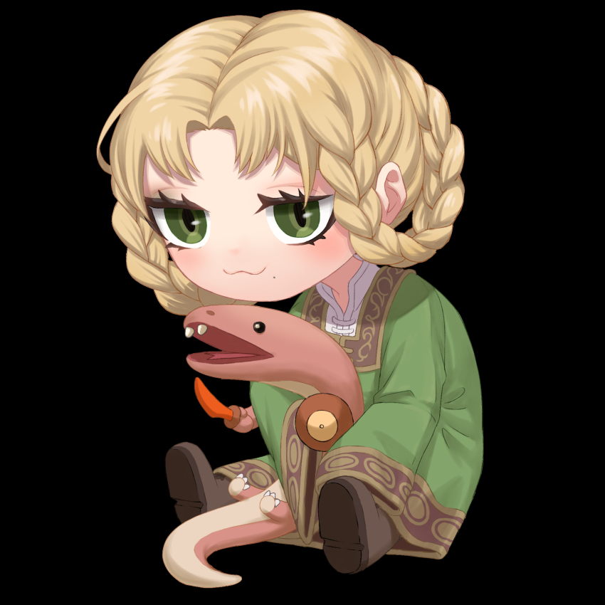 1girl, :3, black_background, blonde_hair, blush, braid, braided_hair_rings, chibi