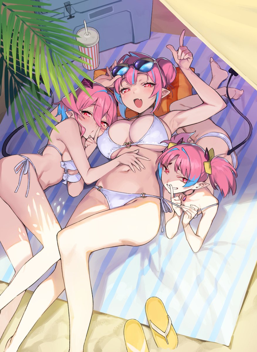 3girls, adjusting_eyewear, ass, beach, bikini, blue_hair, blush, breasts, commentary_request, cup, demon_girl, demon_tail, disposable_cup, double_bun, eyewear_on_head, fang, hair_between_eyes, hair_bun, hair_intakes, hand_on_another's_stomach, heart, heart_o-ring, highres, horns, index_finger_raised, kanan-sama_wa_akumade_choroi, kanan_(kanan-sama), large_breasts, light_blue_hair, looking_at_viewer, lying, medium_breasts, medium_hair, miel_(kanan-sama), miltie_(kanan-sama), multicolored_hair, multiple_girls, navel, nonco, o-ring, o-ring_bikini, official_art, on_back, on_side, open_mouth, pink_eyes, pink_hair, plant, pointy_ears, sandals, second-party_source, siblings, side-tie_bikini_bottom, sisters, skin_fang, small_breasts, smile, stomach, streaked_hair, sunglasses, swimsuit, tail, thighs, twintails, two-tone_hair, unworn_sandals, white_bikini