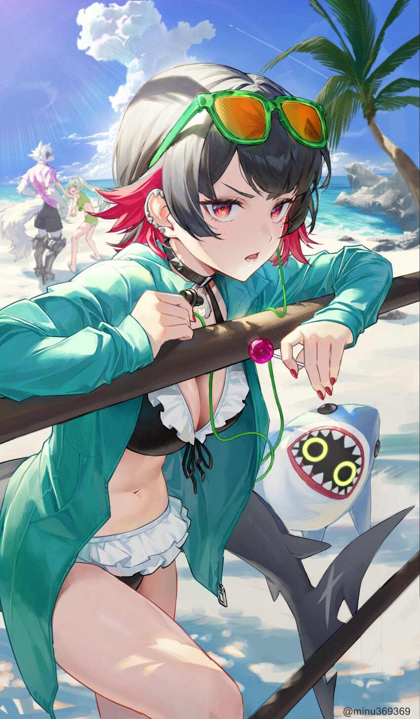 1boy, 2girls, absurdres, artist_name, beach, bikini, black_bikini, black_choker