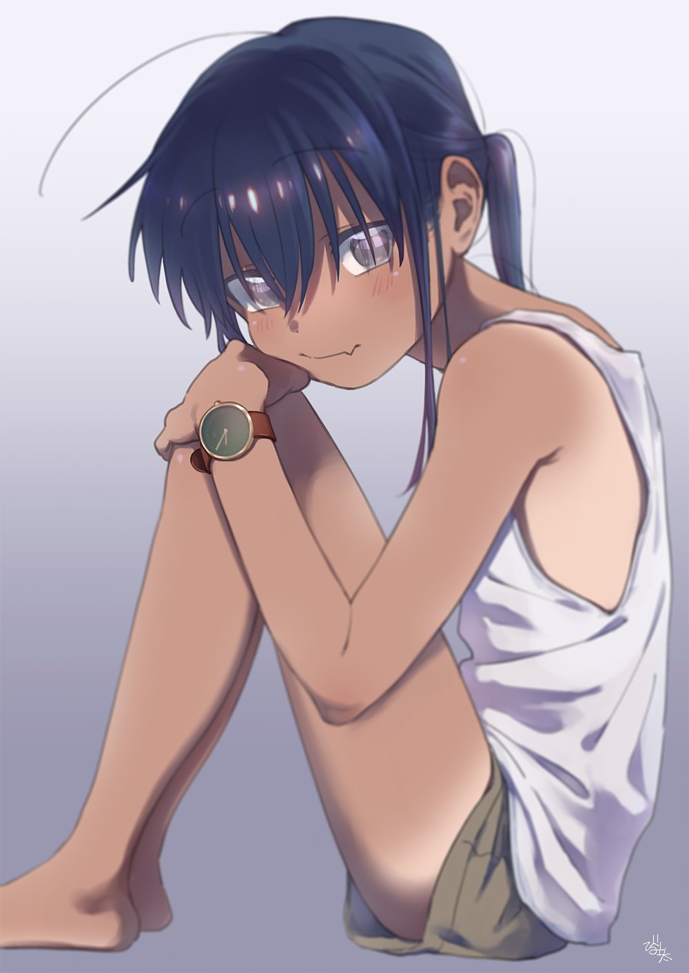 1boy, ahoge, androgynous, bare_arms, bare_shoulders, barefoot, black_hair, blush