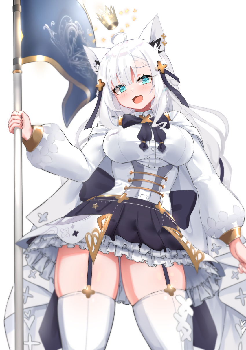 1girl, absurdres, ahoge, animal_ear_fluff, animal_ears, black_skirt, blush, braid