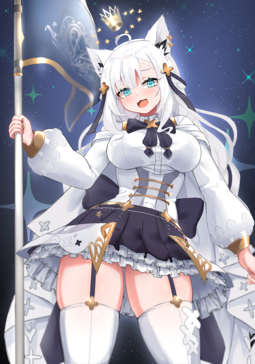 1girl, absurdres, ahoge, animal_ear_fluff, animal_ears, black_skirt, blush, braid, breasts, commentary, corset, crown, curvy, earrings, flag, floating_crown, fox_ears, fox_girl, garter_belt, green_eyes, hair_between_eyes, highres, holding, holding_flag, hololive, jewelry, large_breasts, layered_skirt, long_hair, looking_at_viewer, open_mouth, shirakami_fubuki, shirakami_fubuki_(saint), shirt, sidelocks, single_braid, skirt, sky, solo, star_(sky), starry_sky, thick_thighs, thighhighs, thighs, tnolize, twintails, virtual_youtuber, white_hair, white_shirt, white_thighhighs, zettai_ryouiki