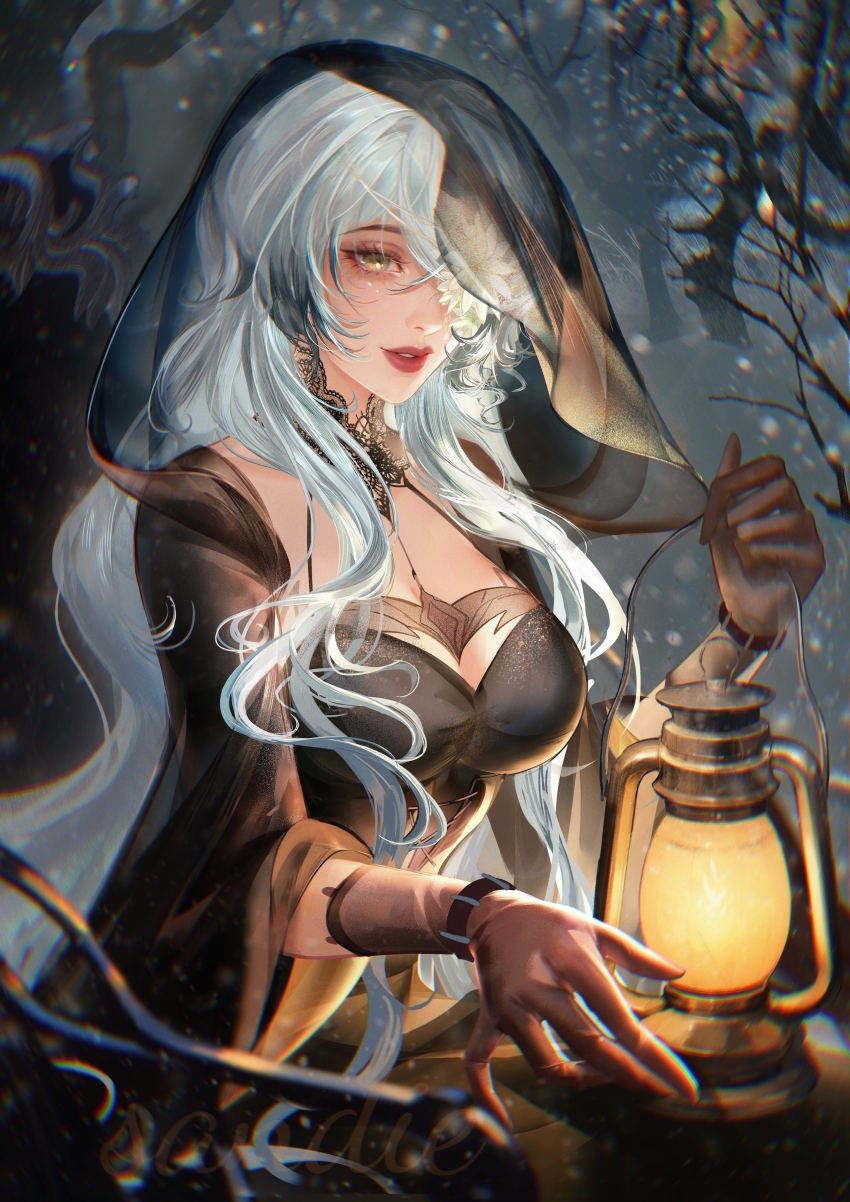 1girl, absurdres, artist_name, bare_tree, black_dress, black_gloves, black_jacket, black_veil, bracelet, breasts, chinese_commentary, cleavage, commentary, curly_hair, dress, flower, flower_over_eye, gloves, halter_dress, halterneck, highres, holding, holding_lantern, jacket, jewelry, lace_collar, lantern, large_breasts, lips, long_hair, looking_at_viewer, oak_casket_(path_to_nowhere), oak_casket_(sepulchral_ride)_(path_to_nowhere), official_alternate_costume, open_clothes, open_jacket, outdoors, parted_lips, path_to_nowhere, qingci, see-through_clothes, see-through_gloves, see-through_veil, smile, snow, snowing, solo, tree, upper_body, veil, very_long_hair, watermark, white_flower, white_hair, winter, yellow_eyes