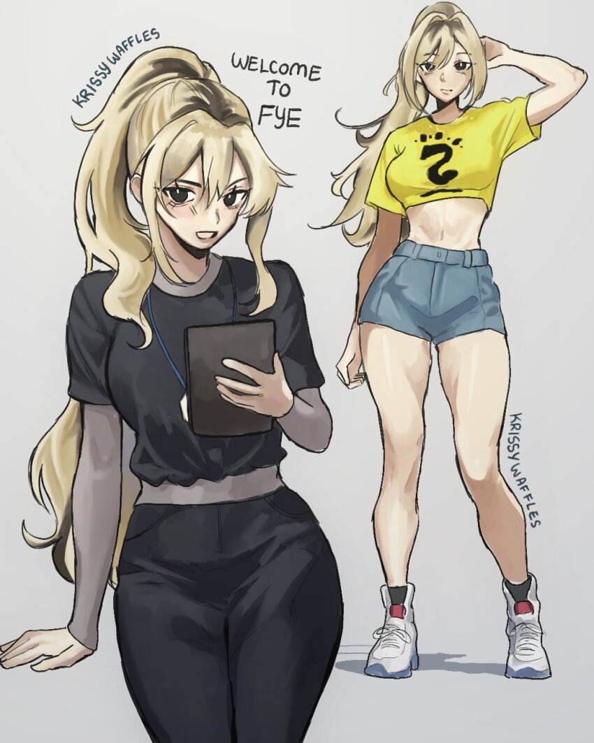 1girl, black_shirt, blonde_hair, class_of_09, clipboard, denim, denim_shorts, english_text, fye_uniform, high-waist_pants, highres, holding, holding_clipboard, kelly_(class_of_09), krissywaffles, layered_sleeves, long_hair, long_sleeves, looking_at_viewer, navel, pants, ponytail, shirt, short_over_long_sleeves, short_sleeves, shorts, watermark, yellow_shirt