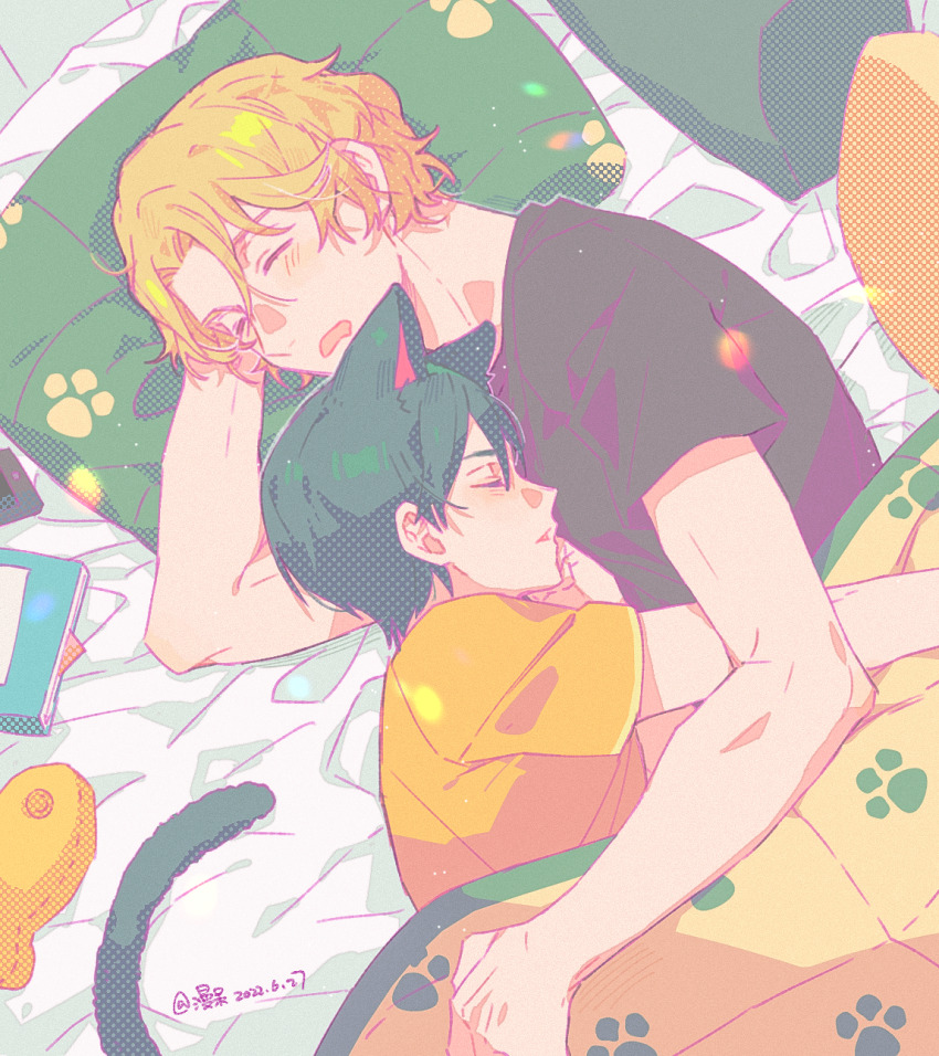 2boys, animal_ears, black_hair, black_shirt, blonde_hair, book, cat_ears, closed_eyes, dated, fish191101756, highres, hug, indoors, male_focus, miyasumi_tatsuru, multiple_boys, pillow, ryman's_club, shiratori_mikoto_(ryman's_club), shirt, short_hair, short_sleeves, sleeping, stuffed_animal, stuffed_fish, stuffed_toy, t-shirt, tail, under_covers, yaoi, yellow_shirt