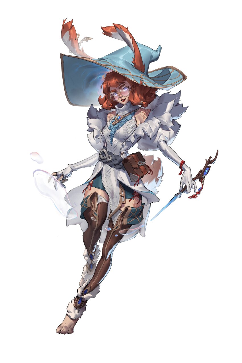 1girl, absurdres, animal_ears, aurora_(league_of_legends), bag, bare_shoulders, blue_hat, body_freckles