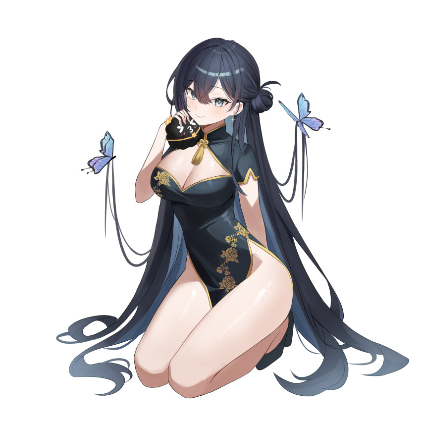 1girl, absurdres, bare_legs, black_dress, black_footwear, black_hair, breasts, bug