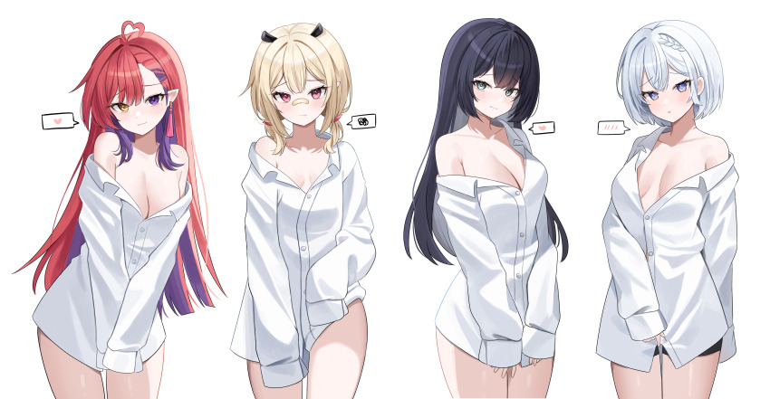 4girls, absurdres, ahoge, breasts, buttons, character_request, cleavage, closed_mouth