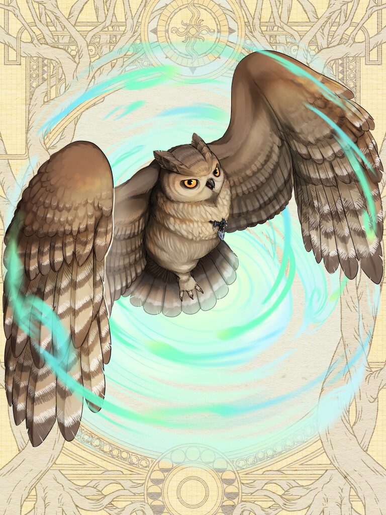 animal_focus, bird, dairoku_ryouhei, full_body, mzn_un, no_humans, owl, solo, yellow_background, yellow_eyes