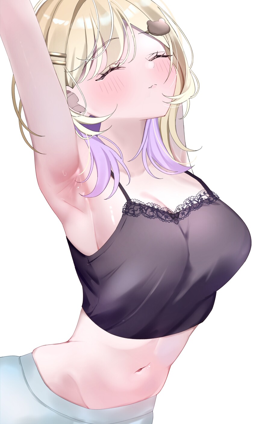 1girl, absurdres, aqua_shorts, arm_up, armpits, black_camisole, blonde_hair, blush
