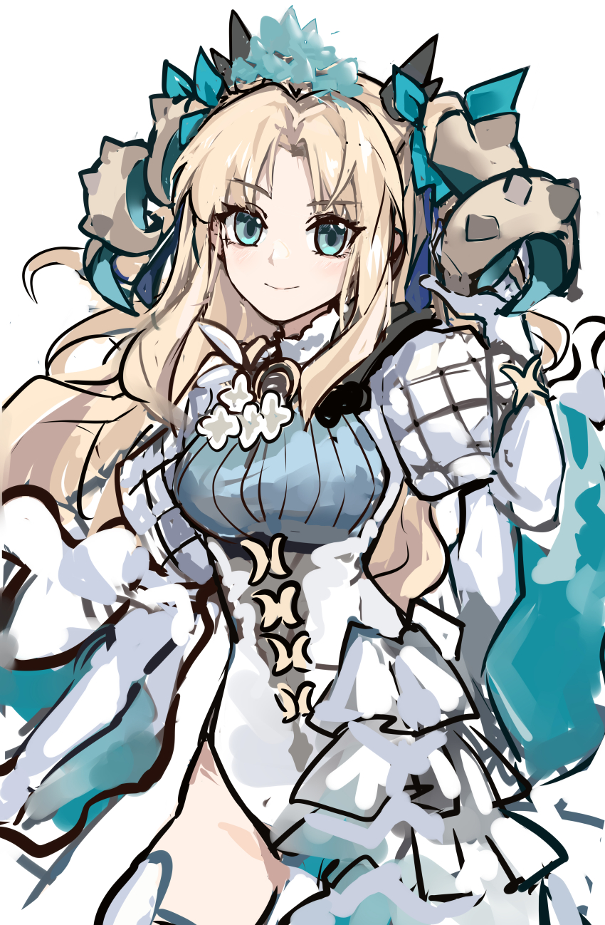 1girl, absurdres, blonde_hair, blue_eyes, blue_ribbon, breasts, commentary_request, cowboy_shot