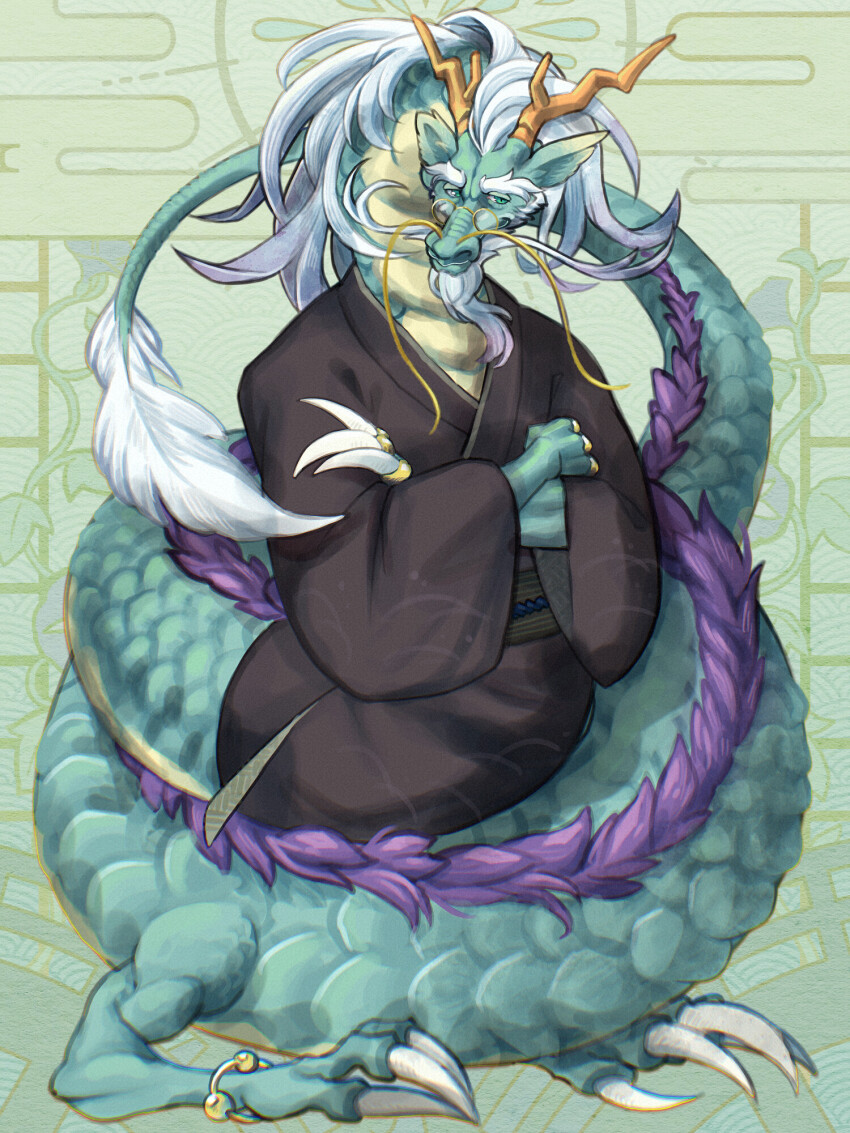 black_kimono, bracelet, crossed_arms, dairoku_ryouhei, dragon, full_body, furry, glasses, green_background, green_eyes, highres, horns, japanese_clothes, jewelry, kimono, looking_at_viewer, makibishi_r, ring, sitting, solo, suikyou_tatsumi, white_hair, yellow_horns