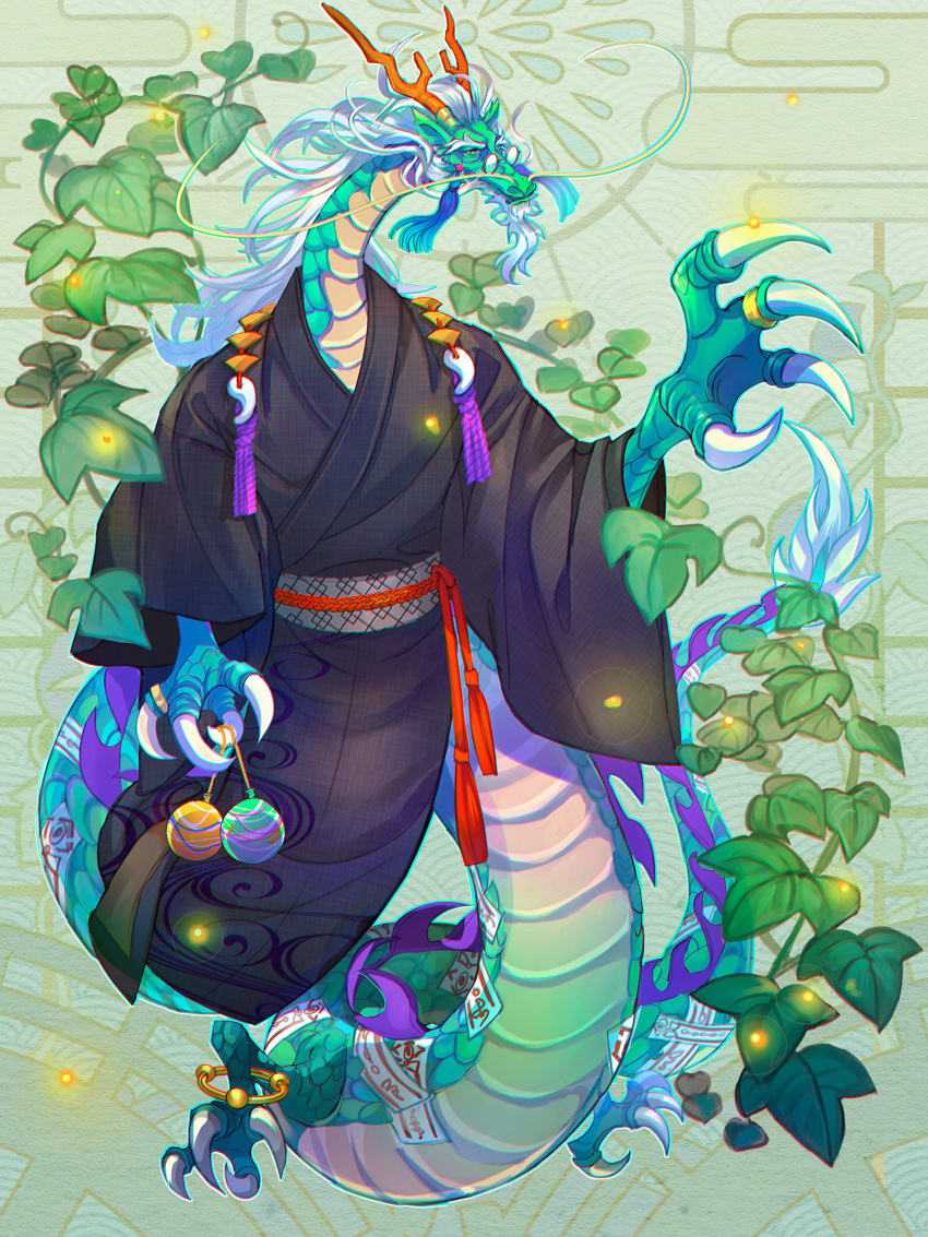 black_kimono, bug, dairoku_ryouhei, firefly, full_body, furry, glasses, green_background, green_eyes, highres, horns, insect, japanese_clothes, kimono, magatama, orange_horns, plant, solo, suikyou_tatsumi, talisman, tanim0t0, vines, water_yoyo, white_hair, wide_sleeves