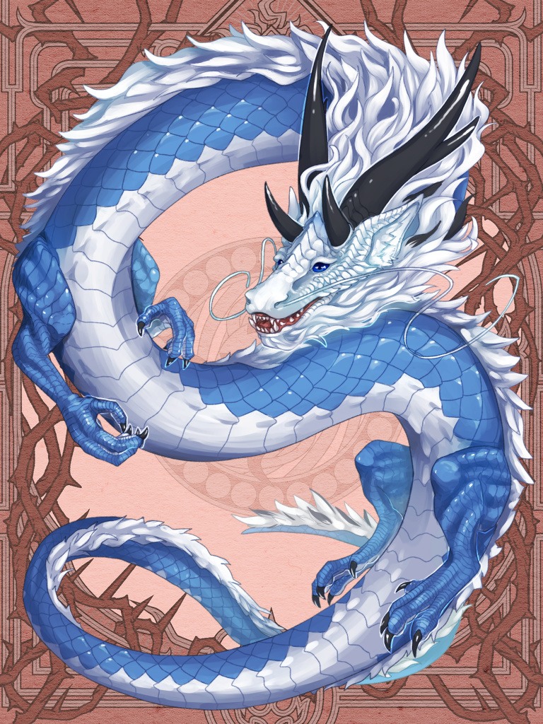 black_horns, blue_eyes, border, brown_background, dairoku_ryouhei, dragon, eastern_dragon, full_body