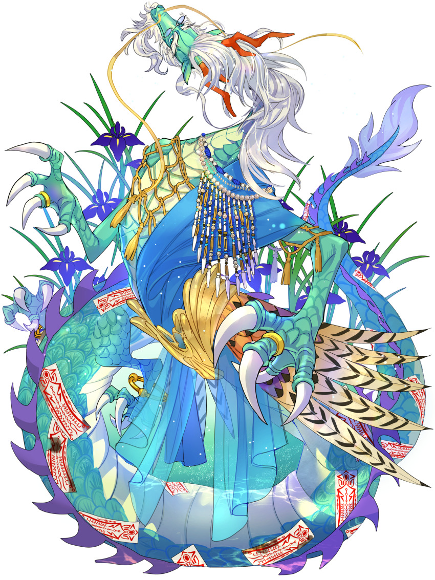 dairoku_ryouhei, dragon, flower, full_body, furry, glasses, highres, horns, jewelry, red_horns, ring, suikyou_tatsumi, talisman, tanim0t0, transparent_background, white_hair