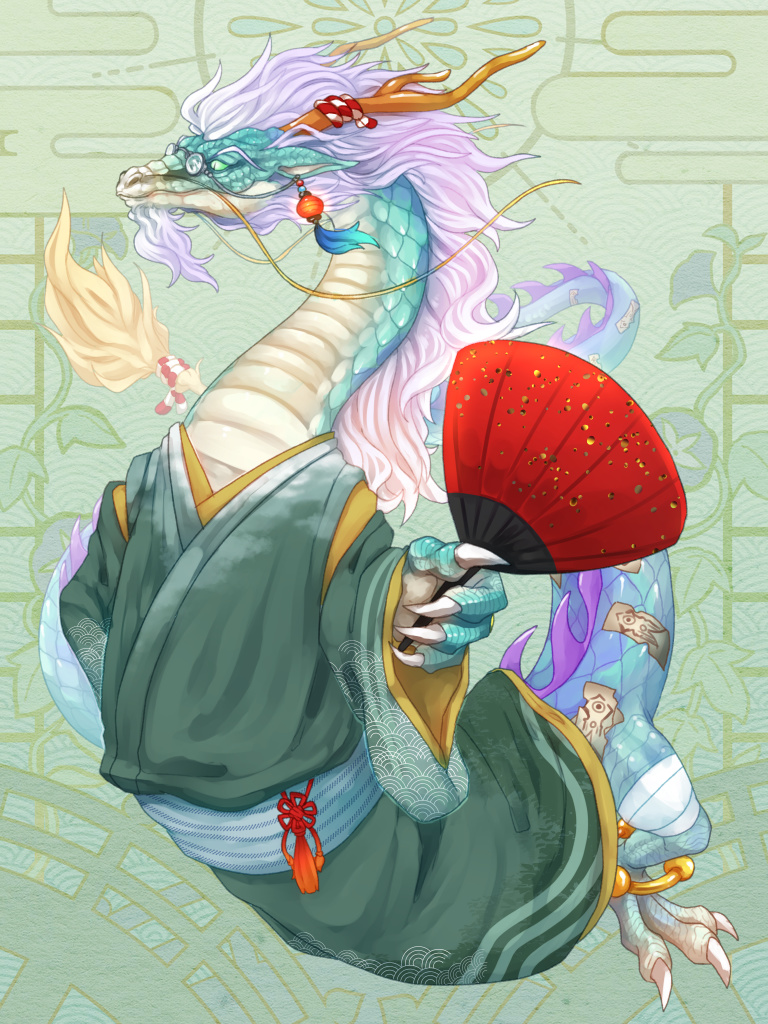 dairoku_ryouhei, dragon, full_body, furry, glasses, green_background, green_kimono, hand_fan