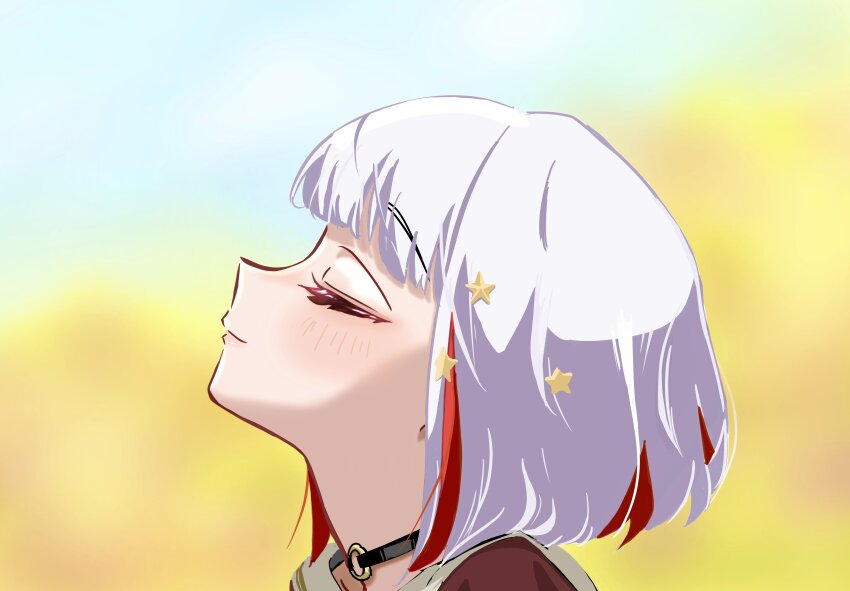 1girl, absurdres, black_choker, blurry, blurry_background, bob_cut, brown_dress, choker