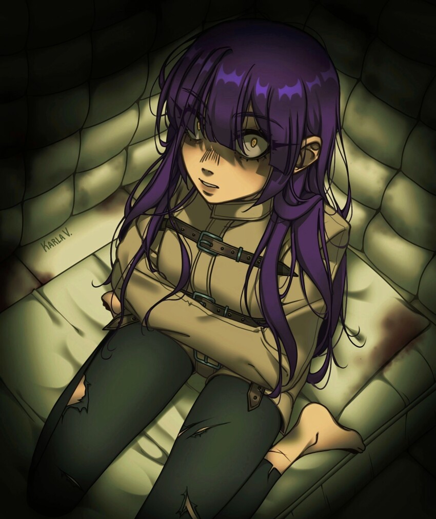 1girl, artist_name, barefoot, black_pants, blood_on_pillow, commentary, hair_behind_ear, highres, looking_at_viewer, messy_hair, orange_eyes, original, pants, parted_lips, purple_hair, r4ndumz, shaded_face, solo, spanish_commentary, straitjacket, torn_clothes, torn_pants, yoga_pants
