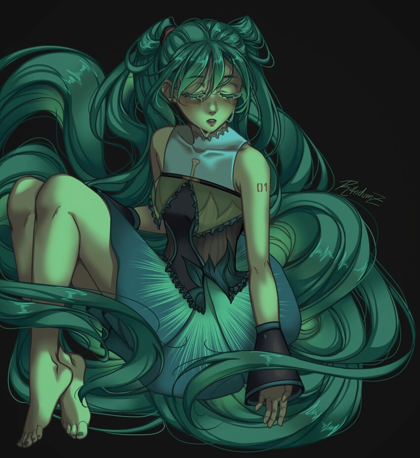 1girl, absurdly_long_hair, arm_tattoo, barefoot, black_background, blue_hair, blue_skirt, breasts, closed_eyes, colored_eyelashes, commentary, covered_collarbone, crying, detached_sleeves, english_commentary, hatsune_miku, highres, long_hair, parted_lips, r4ndumz, short_sleeves, signature, simple_background, sitting, skirt, sleeves_past_wrists, small_breasts, solo, tattoo, very_long_hair, vocaloid