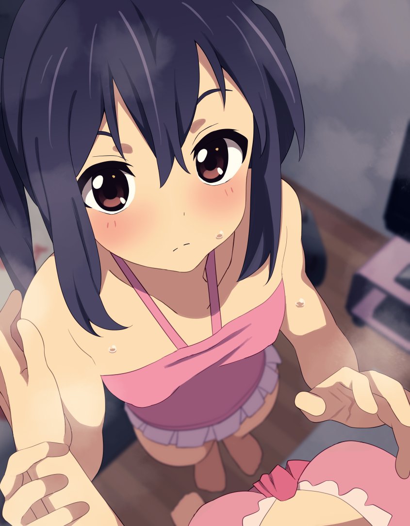 2girls, barefoot, bikini, black_hair, blush, breasts, brown_eyes, female_pov, frilled_one-piece_swimsuit, frills, full_body, hand_up, height_difference, hirasawa_yui, holding_hands, indoors, k-on!, long_hair, looking_at_viewer, looking_up, medium_breasts, multiple_girls, nakano_azusa, one-piece_swimsuit, out_of_frame, pink_bikini, pink_one-piece_swimsuit, pov, pov_breasts, pov_hands, protected_link, sidelocks, small_breasts, standing, steam, sweat, swimsuit, television, tennosuke_(tejons), twintails, wooden_floor, yuri