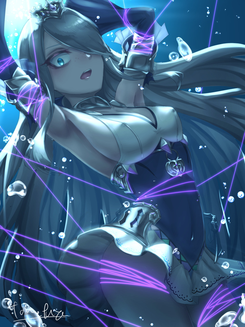 1girl, armpits, arms_up, artist_name, bare_shoulders, bdsm, bondage, bound