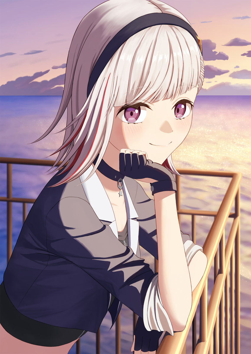 1girl, absurdres, against_railing, black_choker, black_gloves, black_hairband, black_jacket, black_shirt