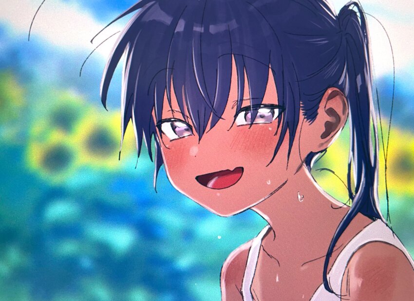 1boy, :d, androgynous, bare_shoulders, black_hair, blue_sky, blurry, blurry_background