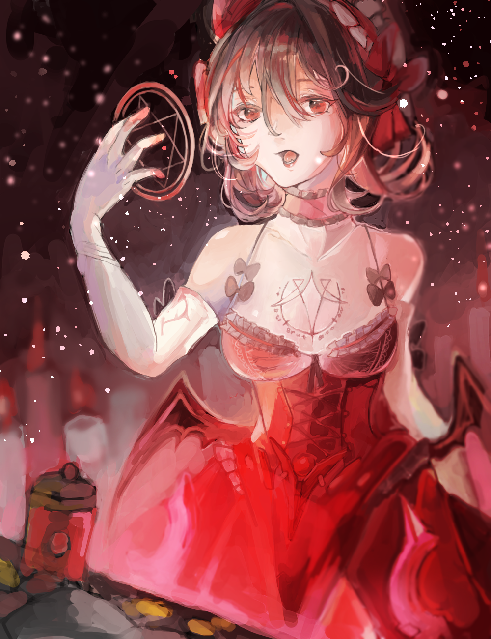 1girl, black_hair, breasts, chest_tattoo, choker, demon_wings, dress, elbow_gloves