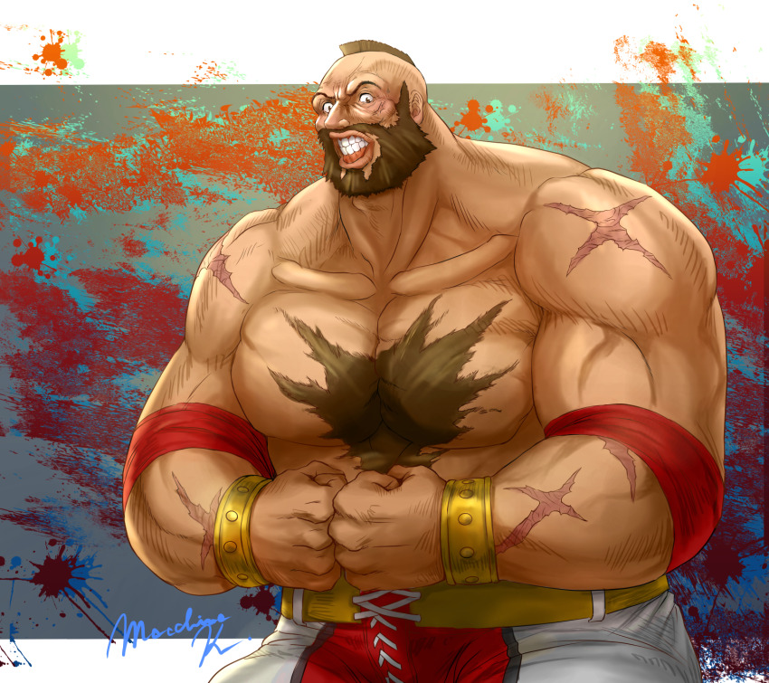 1boy, armband, artist_name, bara, beard, bracelet, brown_eyes, brown_hair