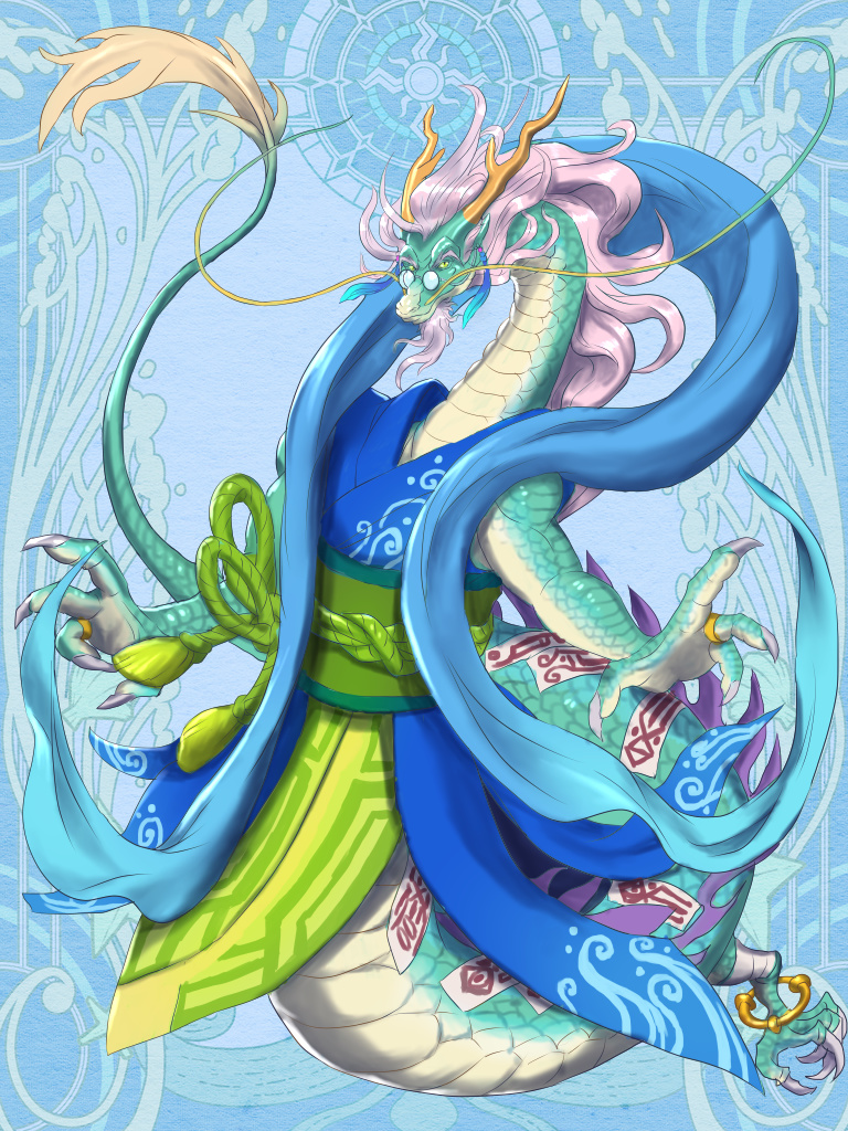 anklet, beard, blue_background, blue_kimono, dairoku_ryouhei, dragon, facial_hair, full_body, furry, glasses, grey_hair, horns, japanese_clothes, jewelry, k_macchina, kimono, obi, ring, sash, solo, suikyou_tatsumi, talisman, yellow_horns