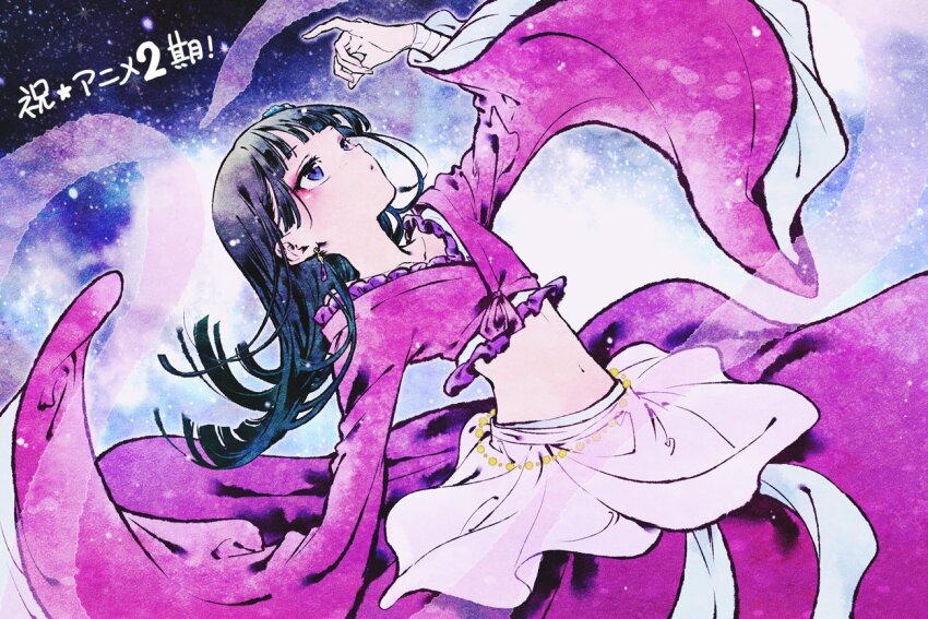 1girl, arm_up, arm_wrap, black_hair, blue_eyes, blue_flower, blunt_bangs, blunt_ends