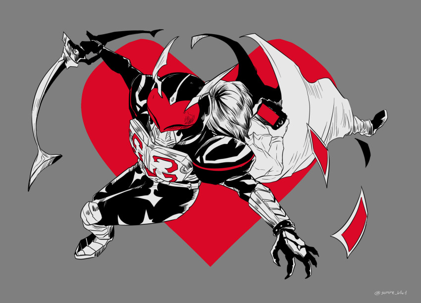 1boy, aikawa_hajime, belt, grey_armor, grey_background, heart, highres, jacket, kamen_rider, kamen_rider_blade_(series), kamen_rider_chalice, kanyawat_huilayhui, mask, photo_(object), pictures, shirt, shoes, taking_picture