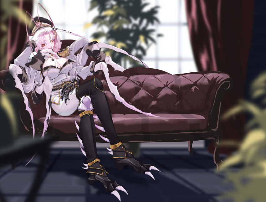 1girl, absurdres, ankle_boots, arthropod_girl, between_breasts, black_boots, black_hat, black_necktie