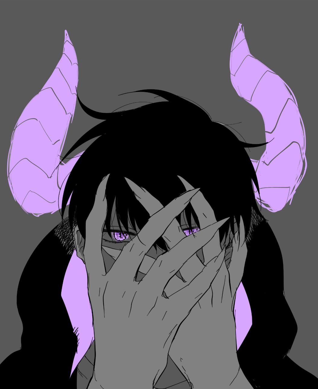 1boy, 8mo10, black_hair, black_hoodie, claws, demon_boy, demon_horns, fingernails