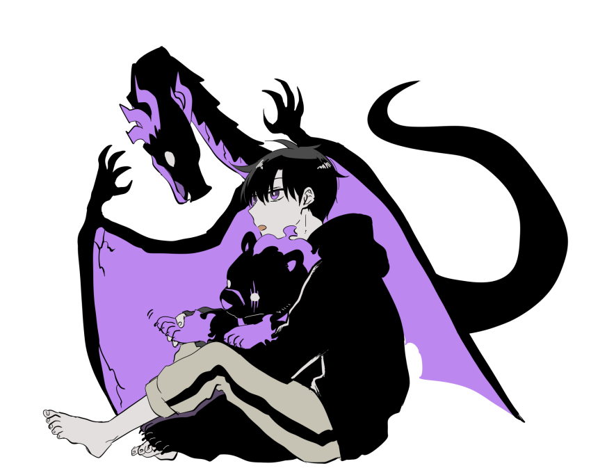 1boy, 8mo10, aged_down, black_hair, black_hoodie, child, dragon, dragon_horns