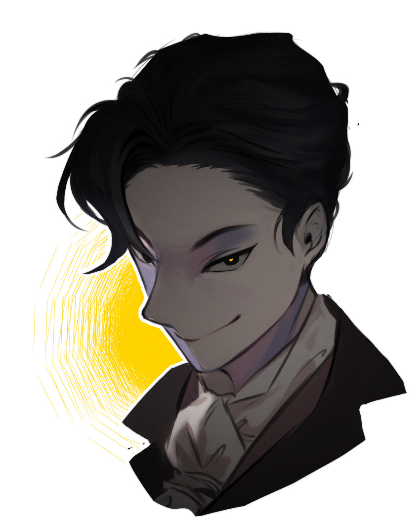 1boy, black_eyes, black_hair, black_jacket, bright_pupils, brown_vest, closed_mouth, commentary_request