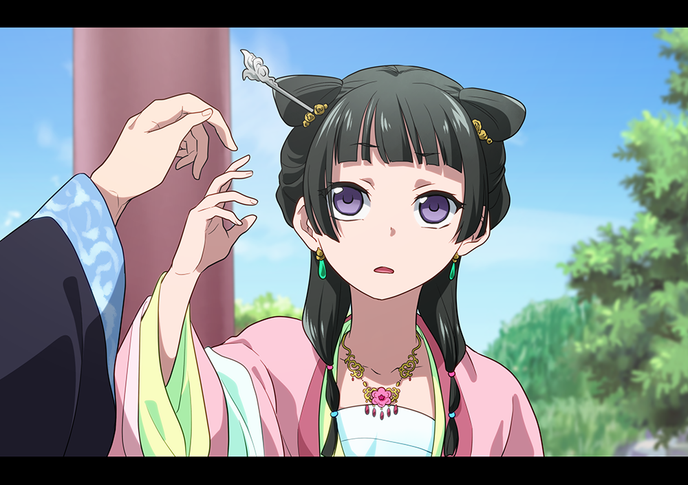 1boy, 1girl, black_hair, blue_sky, blunt_bangs, blunt_sidelocks, blurry, blurry_background