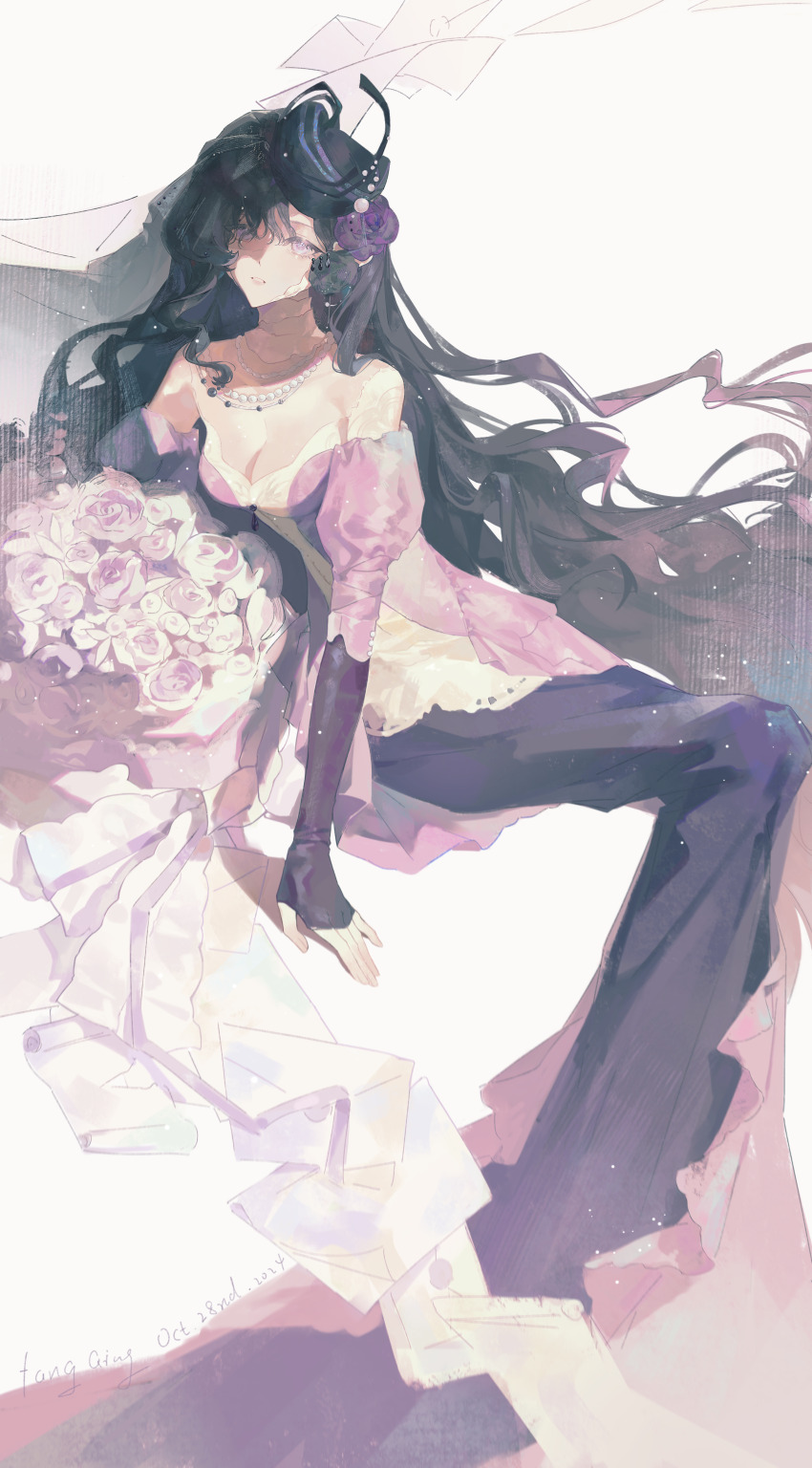 1girl, absurdres, artist_name, black_flower, black_hair, black_hat, bouquet, breasts