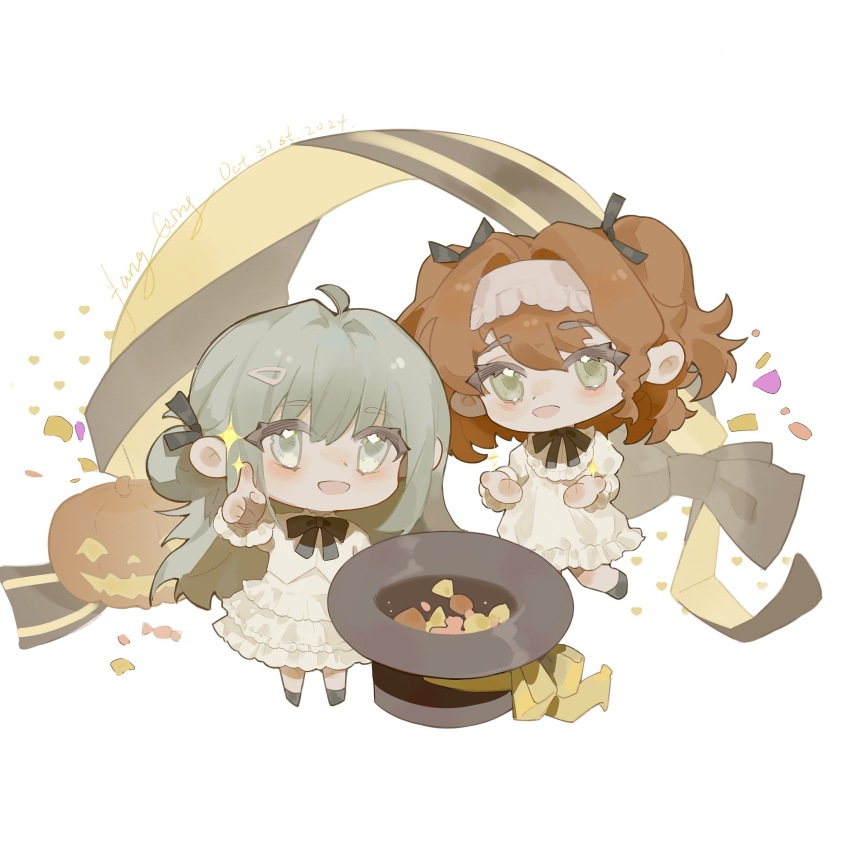2girls, :d, absurdres, aged_down, artist_name, black_bow, black_bowtie, black_footwear, black_hat, boater_hat, bow, bowtie, candy, chibi, confetti, dated, dress, fang_qing, food, frilled_dress, frilled_skirt, frills, green_eyes, grey_eyes, grey_hair, hair_bun, hair_ornament, hairband, hairclip, hat, hat_basket, hat_bow, highres, index_finger_raised, jack-o'-lantern, long_hair, medium_hair, multiple_girls, open_mouth, outstretched_hand, pointing, pointing_at_viewer, reverse:1999, shirt, signature, single_side_bun, skirt, smile, sonetto_(reverse:1999), sparkle, two_side_up, unworn_hat, unworn_headwear, vertin_(reverse:1999), white_background, white_dress, white_hairband, white_shirt, white_skirt, yellow_bow