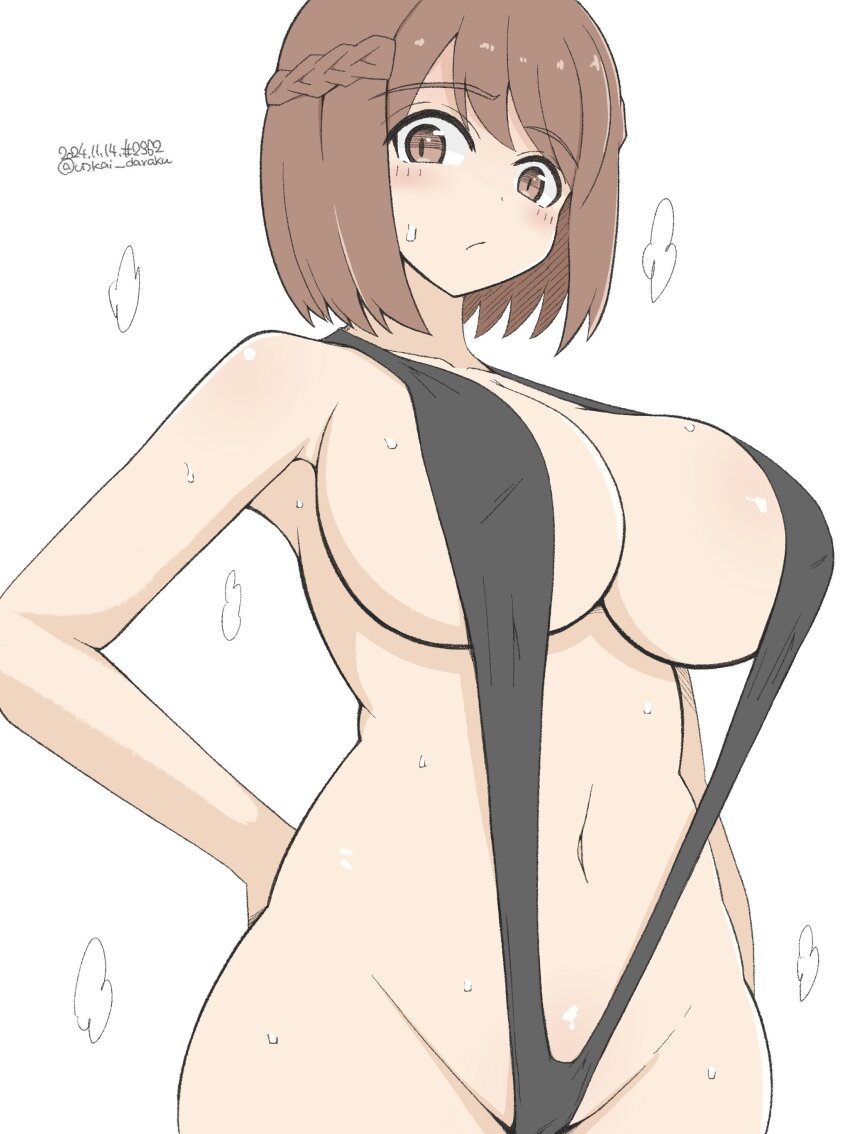 1girl, absurdres, black_slingshot_swimsuit, blush, braid, breasts, brown_eyes, brown_hair, cleavage, collarbone, dated, highres, large_breasts, luminous_witches, navel, shibuya_inori, short_hair, signature, simple_background, slingshot_swimsuit, solo, sweat, swimsuit, unkai_daraku, white_background, world_witches_series
