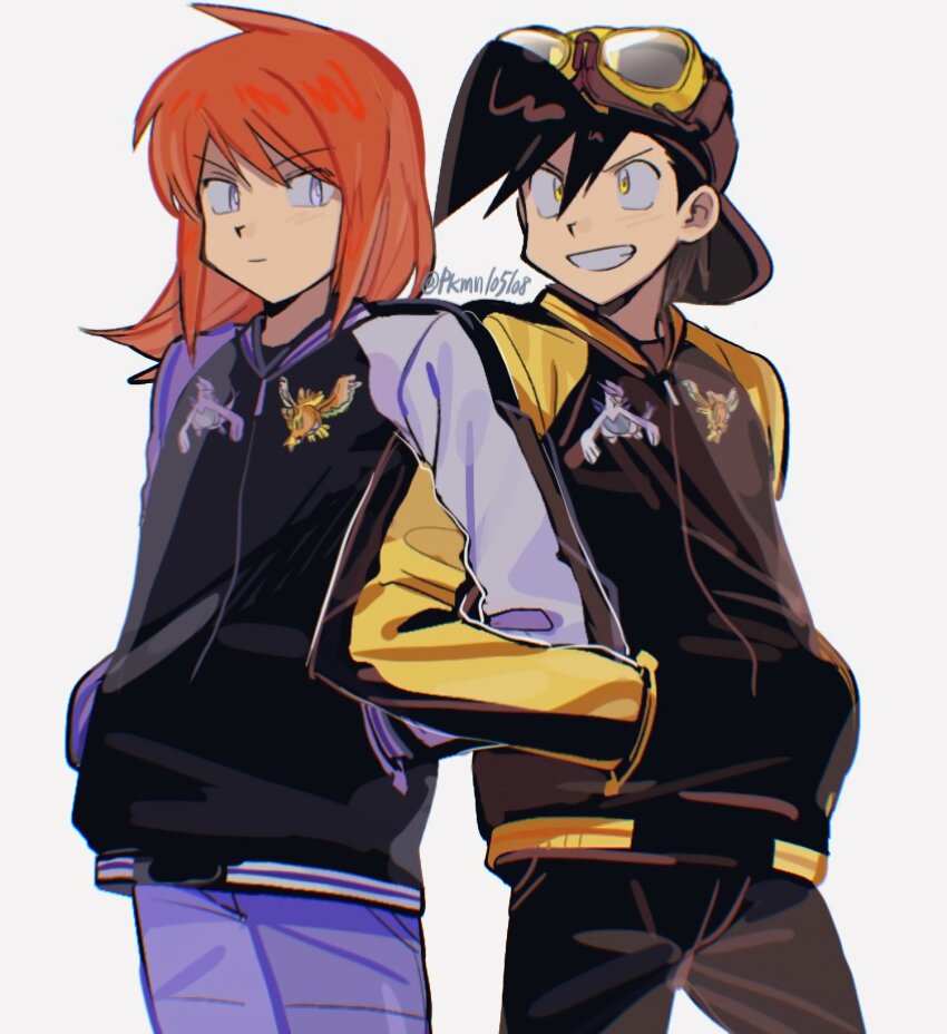 2boys, afyewv5, backwards_hat, black_hair, black_pants, blue_eyes, blue_pants, blush