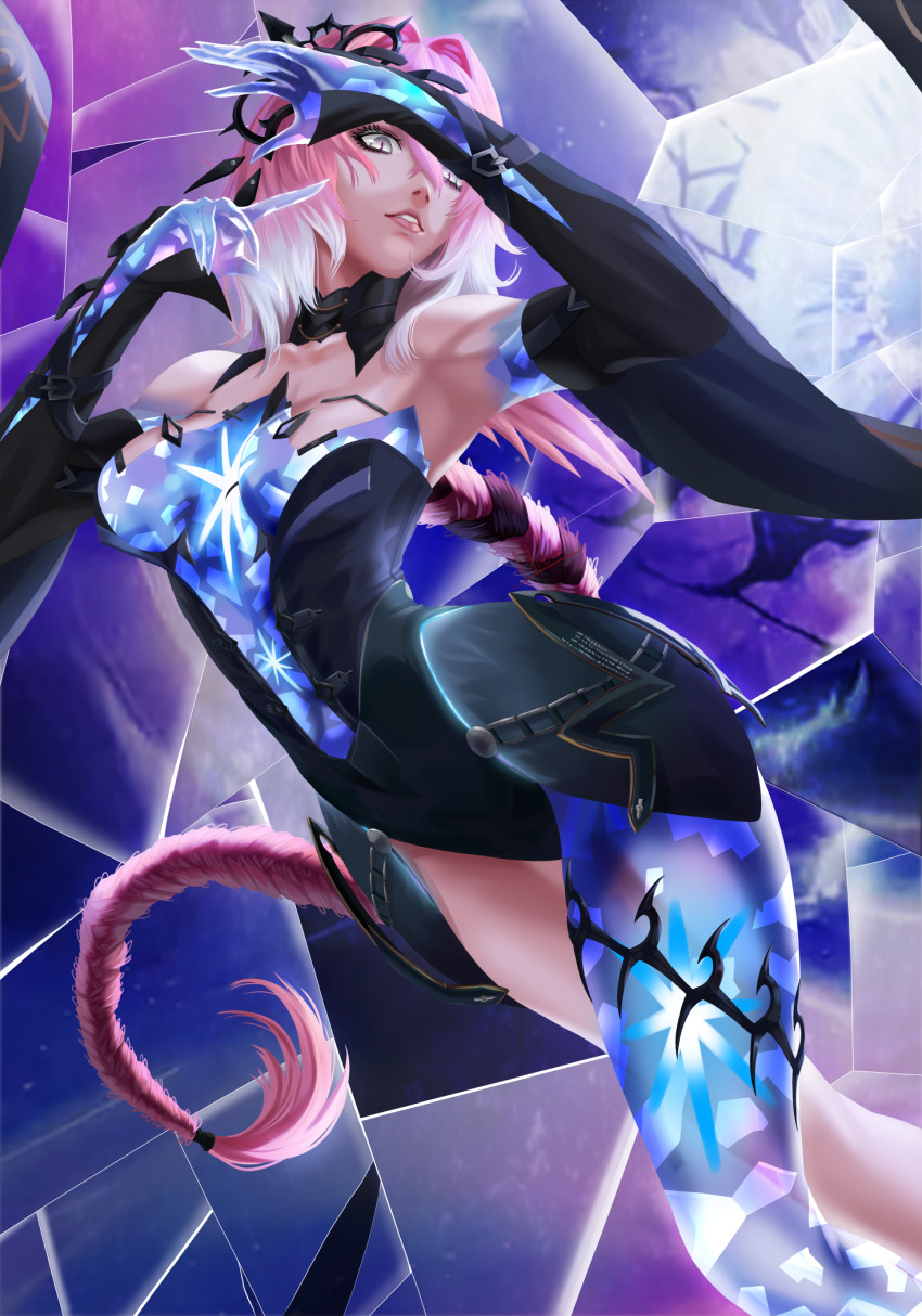 1girl, braid, braided_ponytail, breasts, cleavage, detached_collar, gradient_hair, grey_eyes