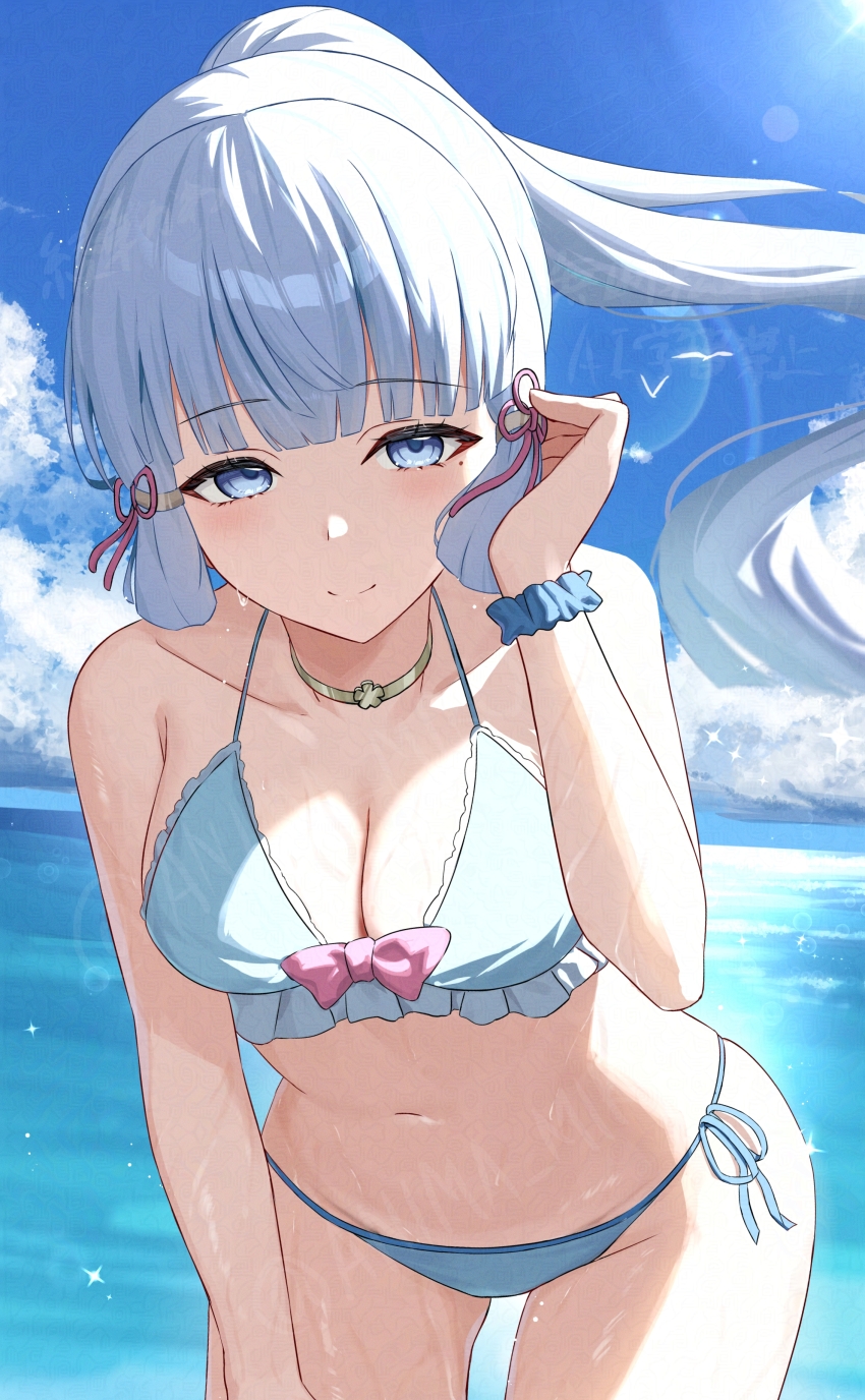 1girl, absurdres, anima_miko, ayaka_(genshin_impact), bikini, bird, blue_bikini, blue_eyes, blue_sky, blunt_bangs, blunt_ends, blush, breasts, choker, cleavage, cloud, collarbone, commentary_request, day, frilled_bikini, frills, genshin_impact, highres, horizon, leaning_forward, lens_flare, long_hair, looking_at_viewer, medium_breasts, mole, mole_under_eye, navel, ocean, outdoors, ponytail, scrunchie, seagull, side-tie_bikini_bottom, sky, smile, solo, swimsuit, wet, white_hair, wrist_scrunchie