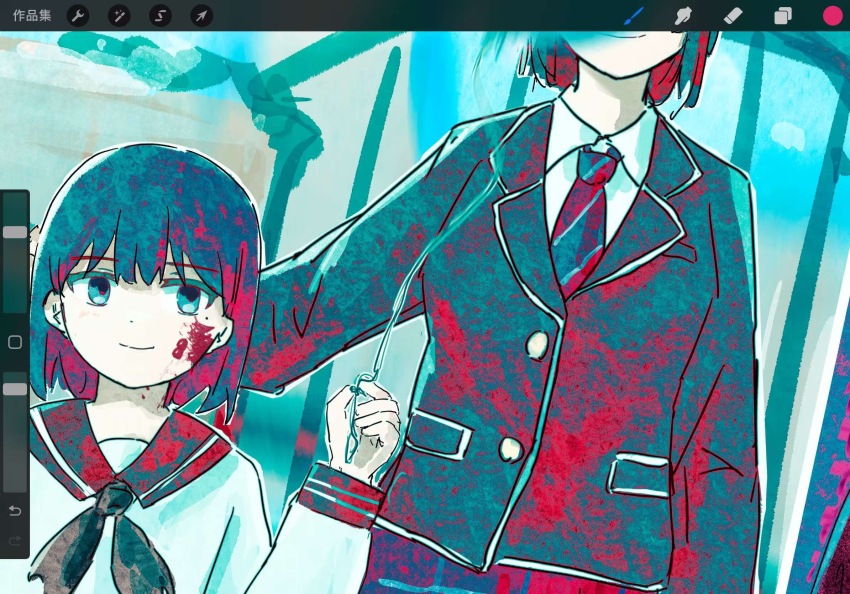 2girls, art_program_in_frame, bang_dream!, bang_dream!_it's_mygo!!!!!, blood, blood_on_clothes, blood_on_face, chinese_commentary, closed_mouth, commentary_request, diagonal-striped_clothes, diagonal-striped_necktie, earphones, grey_neckerchief, haneoka_school_uniform, highres, keyun, multiple_girls, neckerchief, necktie, procreate_(medium), school_uniform, serafuku, shiina_maki_(bang_dream!), shiina_taki, short_hair, siblings, sisters, striped_clothes