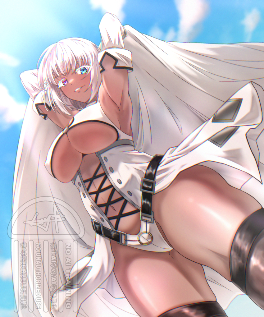 1girl, absurdres, alma_judikhali, armpits, belt, black_thighhighs, blue_eyes, breasts, cleavage, cloak, colored_eyelashes, dark-skinned_female, dark_skin, elbow_gloves, from_below, gloves, heterochromia, highres, jacket, large_breasts, lips, looking_at_viewer, looking_down, mutsuki_(mutsuki0110), navel, open_mouth, purple_eyes, saikyou_no_shienshoku_"wajutsushi"_de_aru_ore_wa_sekai_sa_kyou_clan_wo_shitagaeru, signature, smirk, solo, teeth, thighhighs, underboob, white_cloak, white_eyelashes, white_gloves, white_jacket
