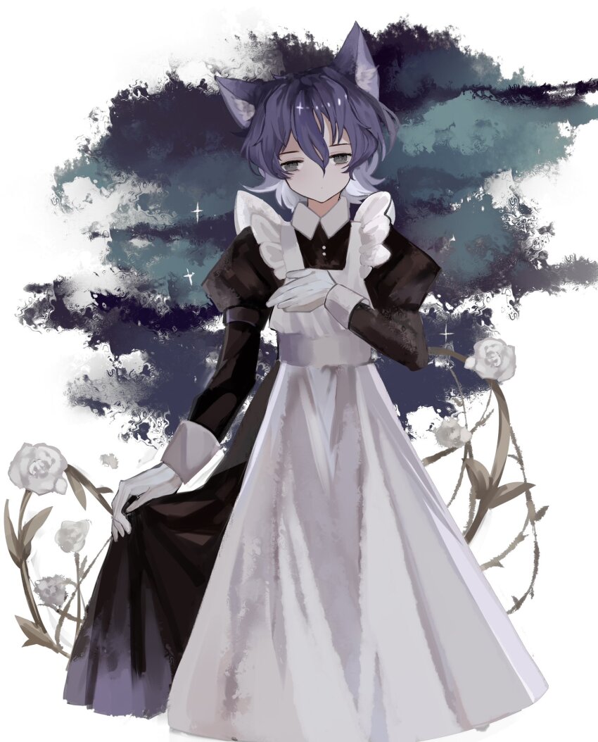 1girl, alternate_costume, animal_ear_fluff, animal_ears, apron, black_dress, black_eyes, blue_hair, cat_ears, cat_girl, chinese_commentary, commentary_request, cowboy_shot, dark_blue_hair, dress, enmaided, flower, genderswap, genderswap_(mtf), gloves, hair_between_eyes, hand_on_own_chest, highres, holding_own_dress, juliet_sleeves, kemonomimi_mode, long_sleeves, maid, puffy_sleeves, rose, saibou_shinkyoku, short_hair, solo, traumayume, utsugi_noriyuki, white_apron, white_flower, white_gloves, white_rose